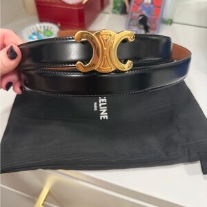 Brand new Celine Black Leather Belt with Gold Emblem